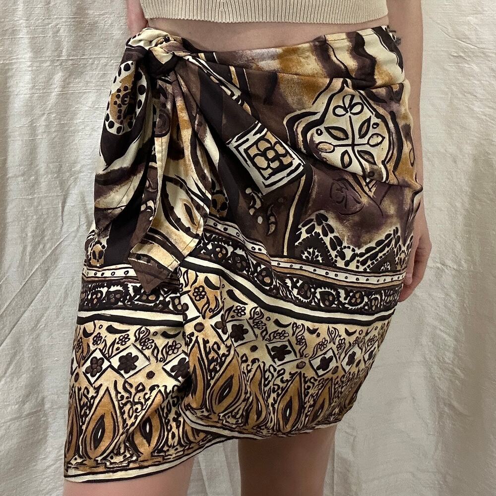 VTG Y2K The Limited Brown Cream Silk Boho‎ Batik Wrap Skirt Fairy Mermaid Small
